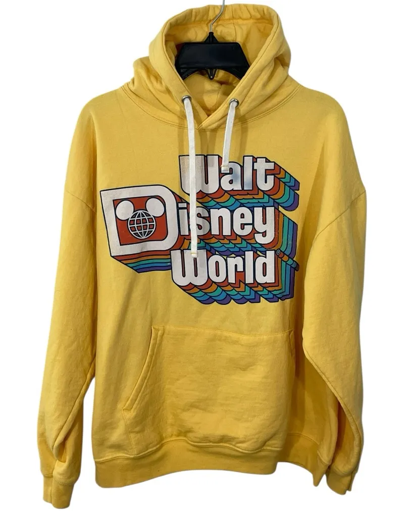 Walt Disney World Yellow Hoodie Sweatshirt Retro Rainbow Logo Graphic LARGE - Image 1