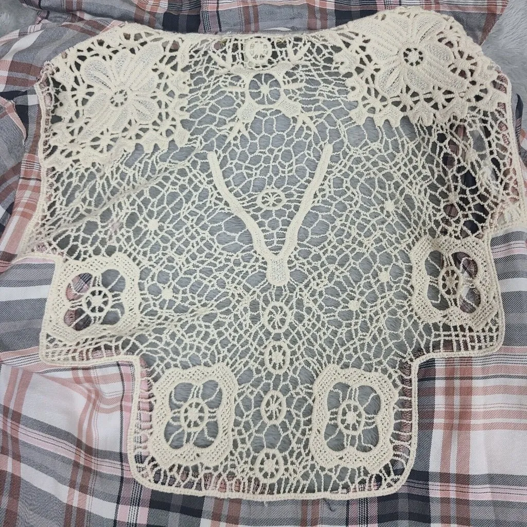 One World‎ Womens Cardigan Medium Plaid Lace Back Open Drape Front Waterfall - Image 11