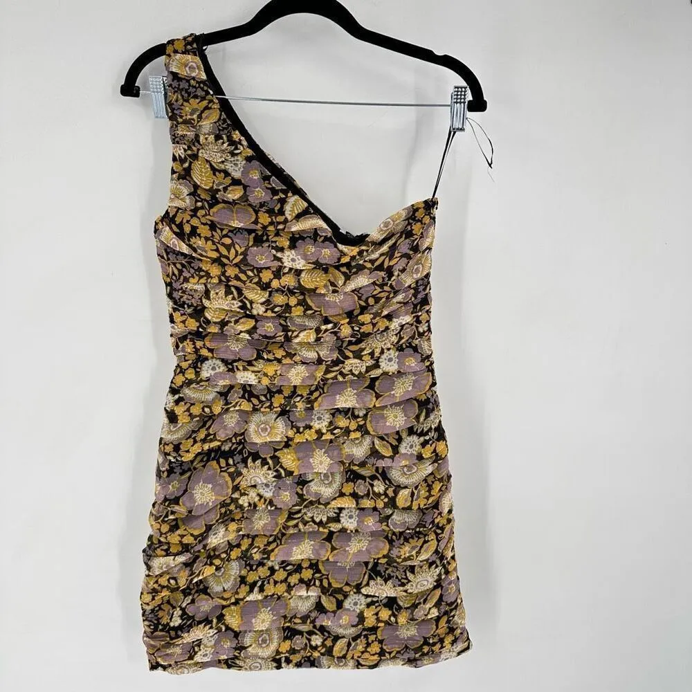 NWT Zara One Shoulder Floral Ruched Metallic Mini Dress BodyCon Small Party Club - Image 11