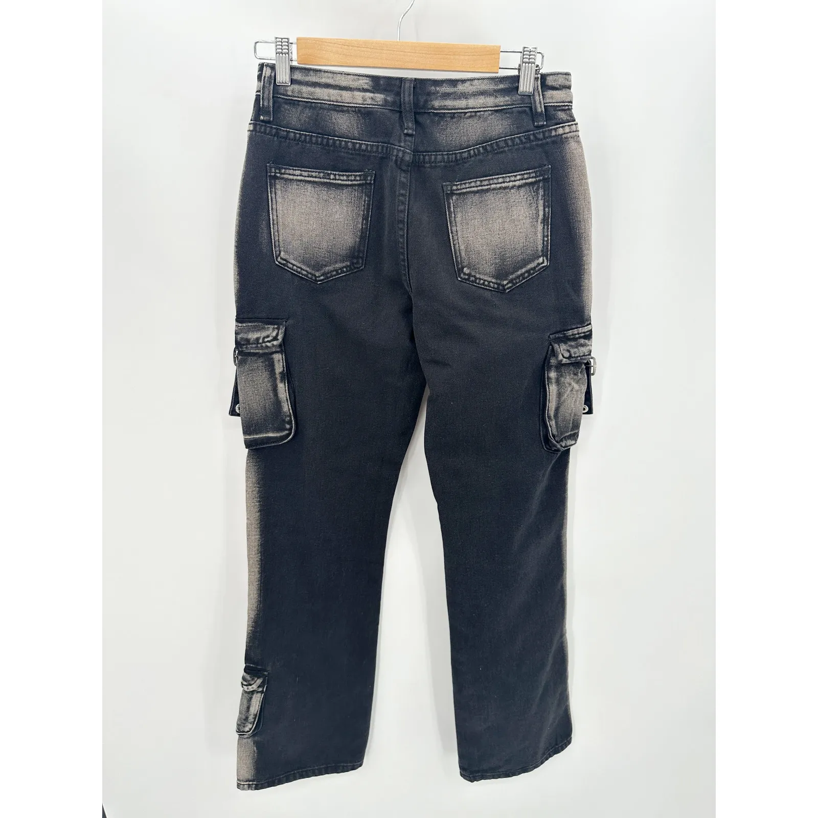 Romwe Jeans Women MEDIUM NWT Black Bleached Cargo Pocket Buckle - Image 2