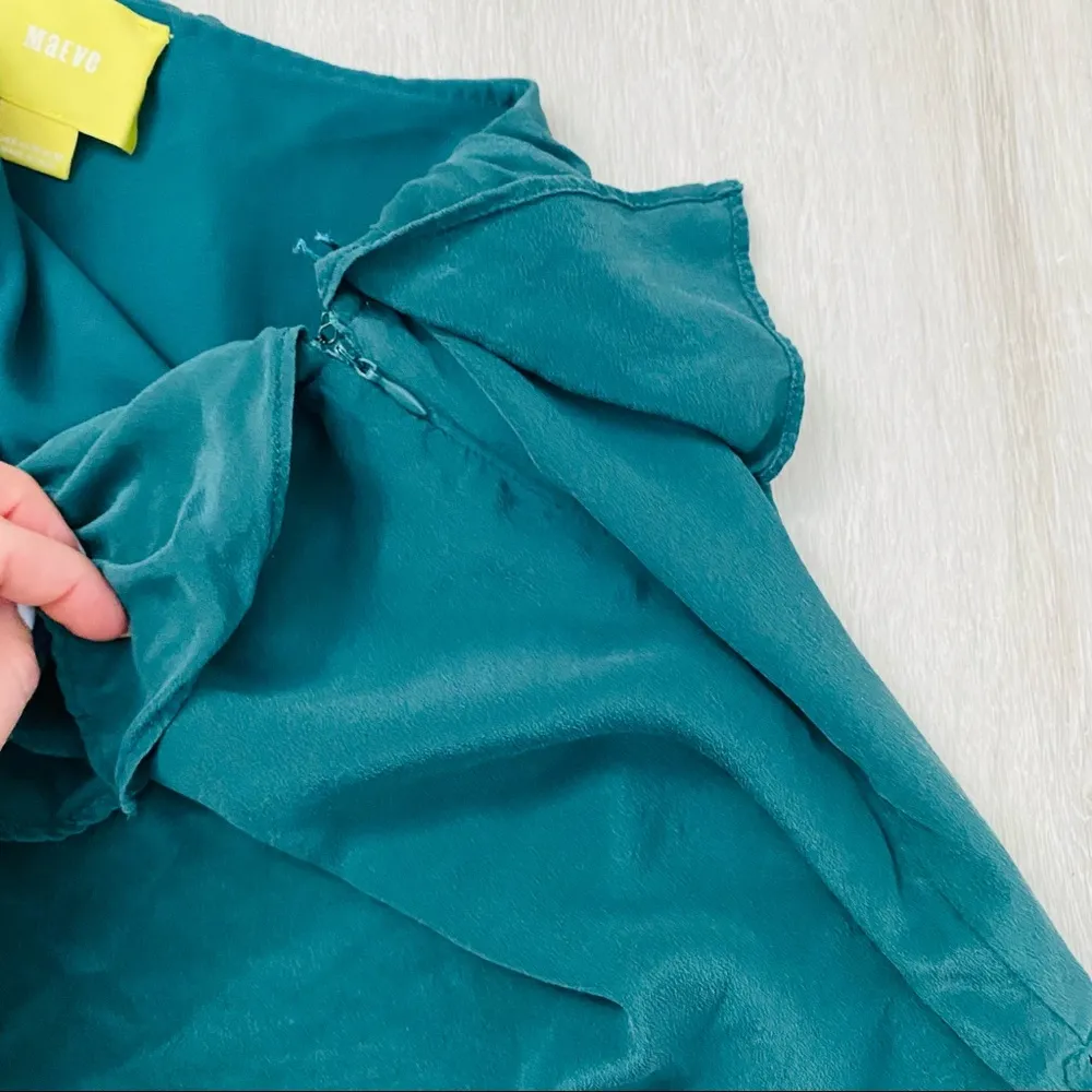 Maeve by Anthro. One Shoulder Silk Ruffle Blouse Green Sz 6 - Image 3
