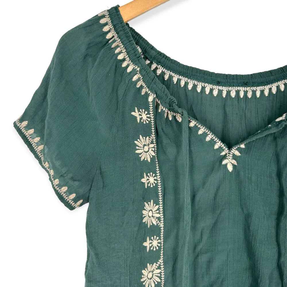 E {hanger} M | Small | Green and Tan Embroidered Blousan Cap Sleeve Peasant Top - Image 2