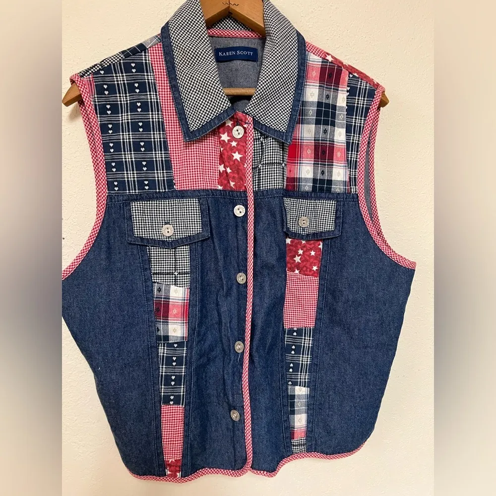 Karen Scott Patchwork Denim Vest L - Image 2