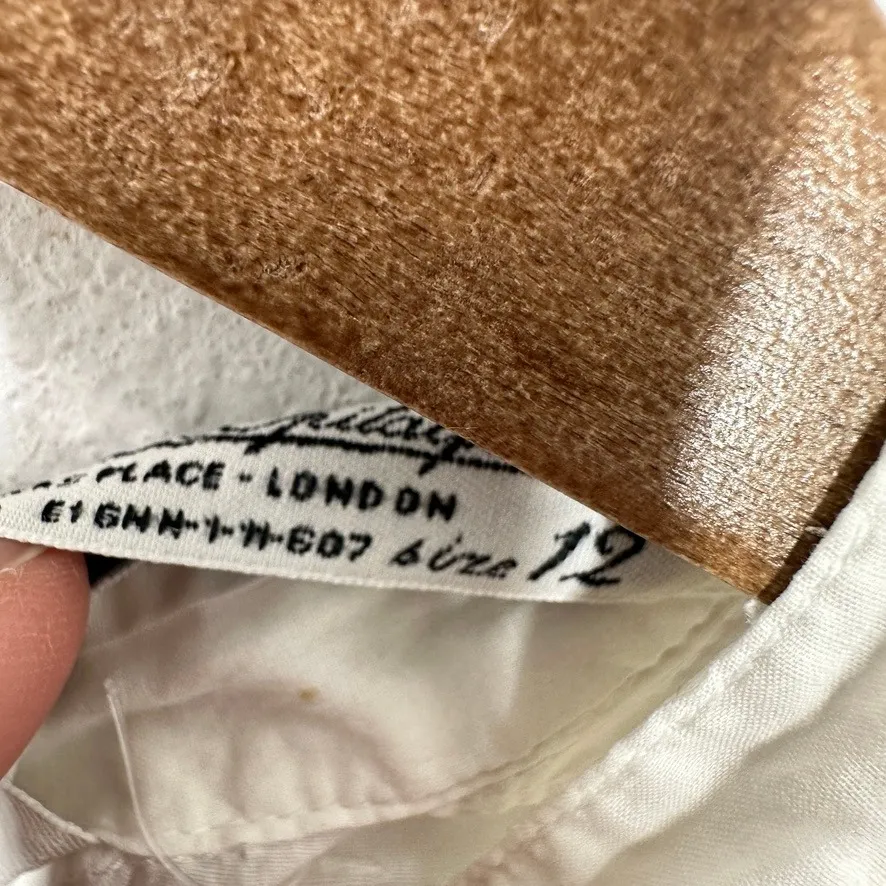 All Saints White Smocked Peplum Blouse Long Sleeve Mock Neck Button Back Cotton - Image 11