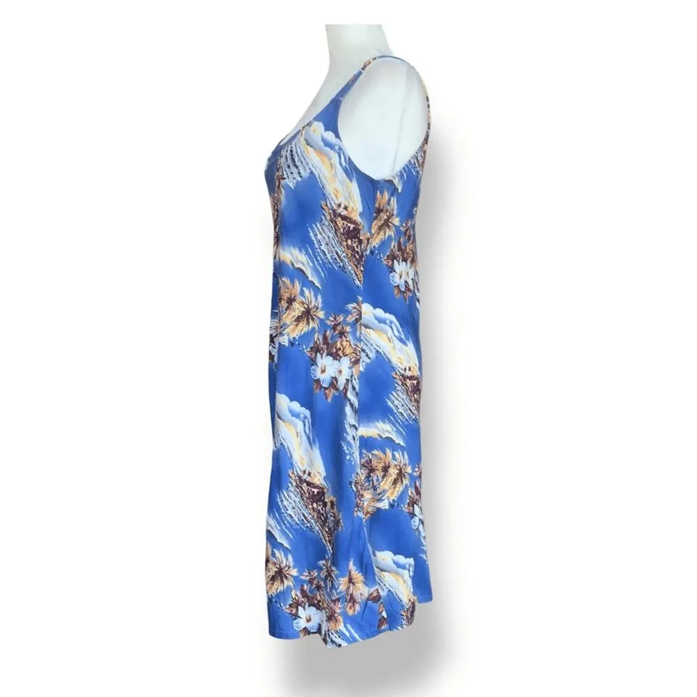 Vintage Hilo Hattie Sleeveless Dress Hawaiian Blue Palm Tree Ukulele Print Mini Size M - Image 2