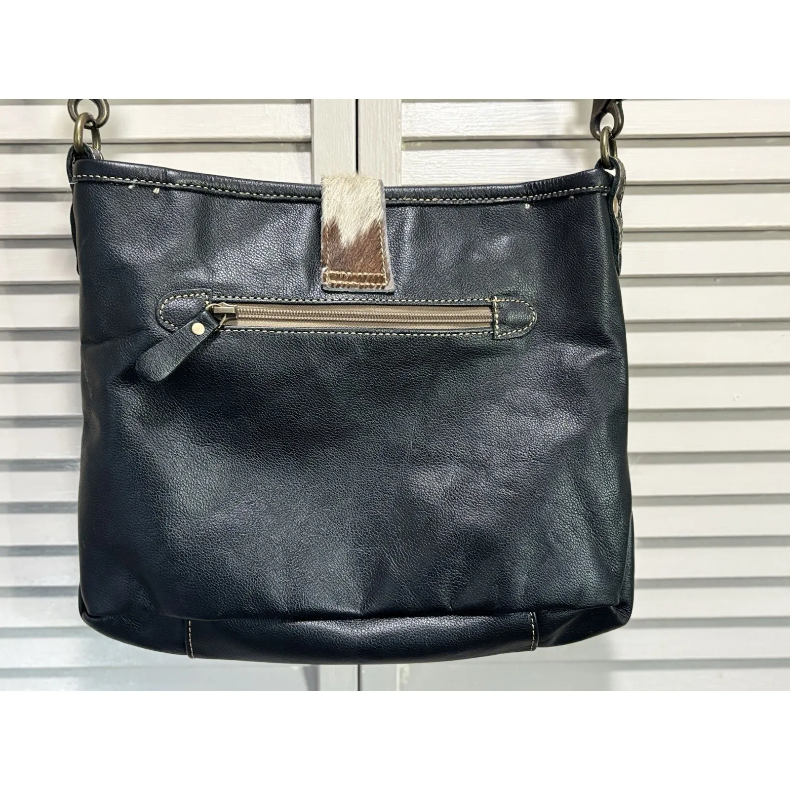 Myra Hair On Black/White‎ Leather Turquoise/Rose Gold Hand Tooled Shoulder Bag Black - Image 12