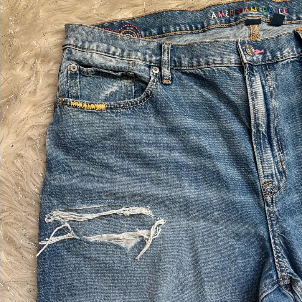 American Eagle Women’s Blue Pride Low Rise Baggy Flare Distressed Jeans Size 14 - Image 15