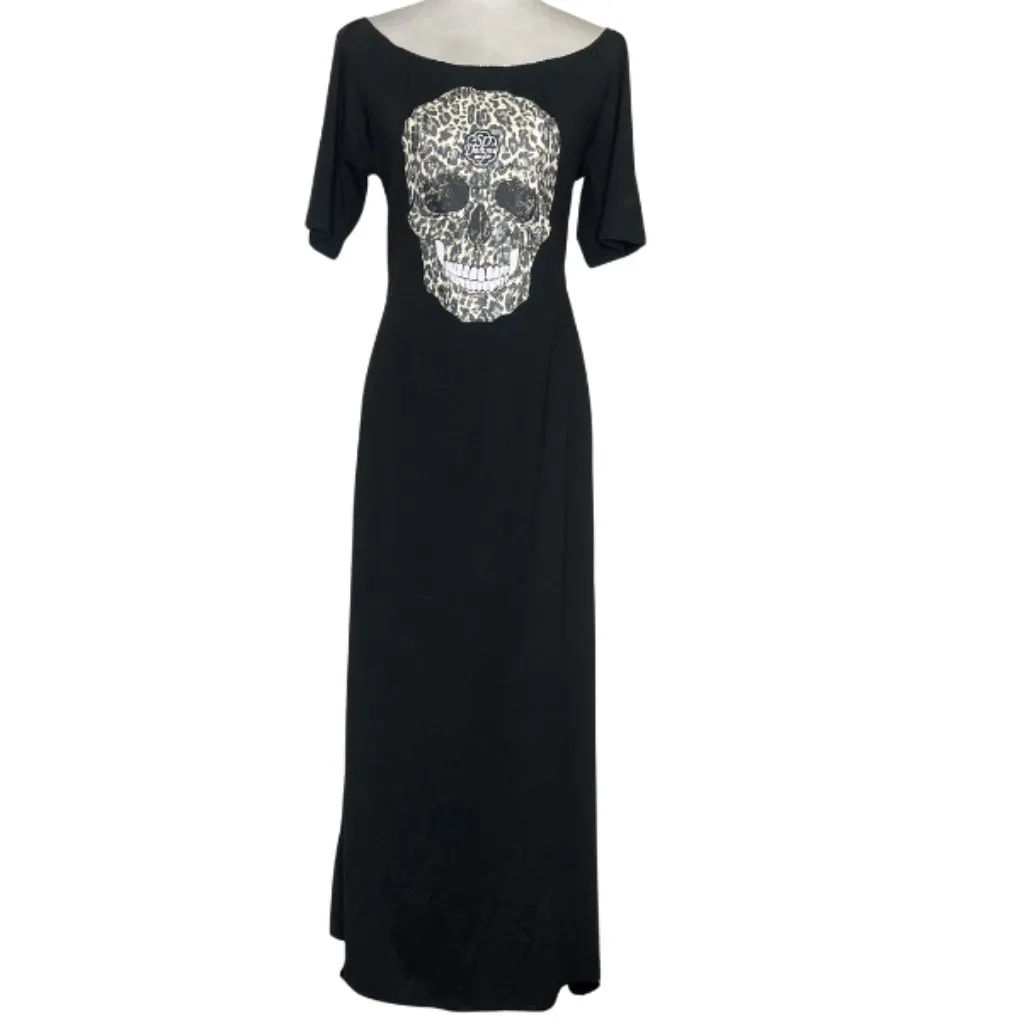 Chic Me Women's Black Cream Skull Off Shoulder Side Slit Maxi Dress Plus Sz XL - Image 2