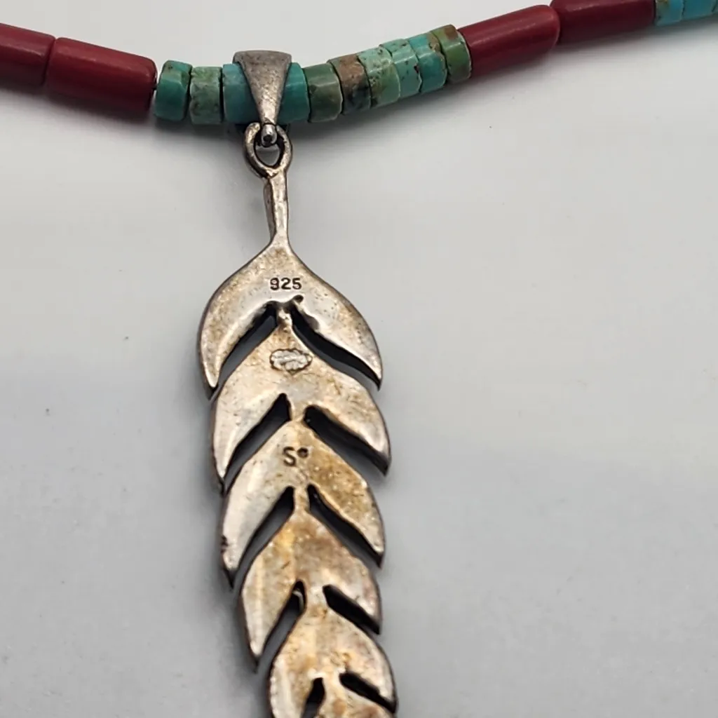 Sterling Silver & Opal Feather On A Turquoise & Coral Heishi Beads Necklace - Image 5