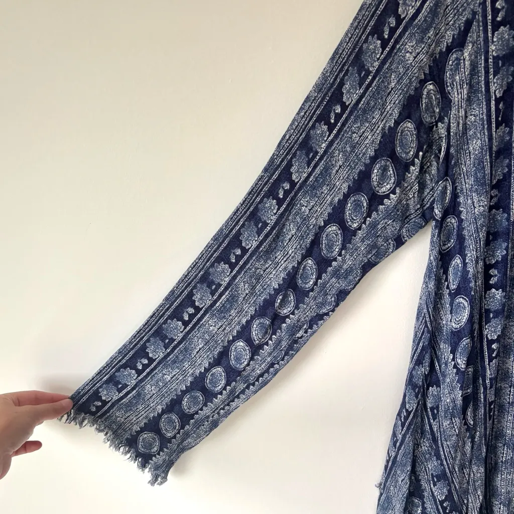 Somedays Lovin Blue Batik Print Lightweight Scoop Neck Mini Dress Raw Hem Boho - Image 6