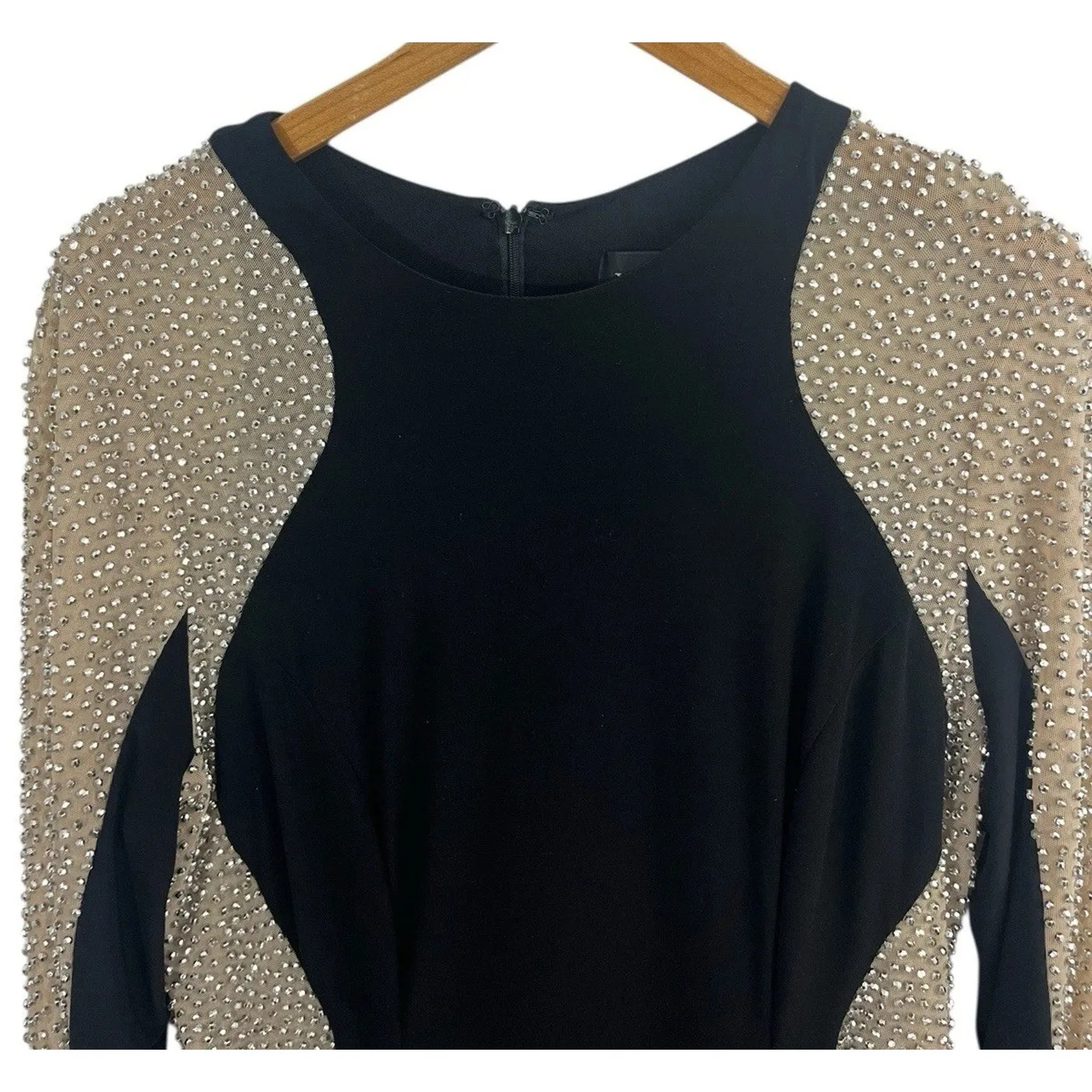 XSCAPE Black Beaded Illusion Long Sleeve Bodycon Dress Size 14 Event Prom - Image 3