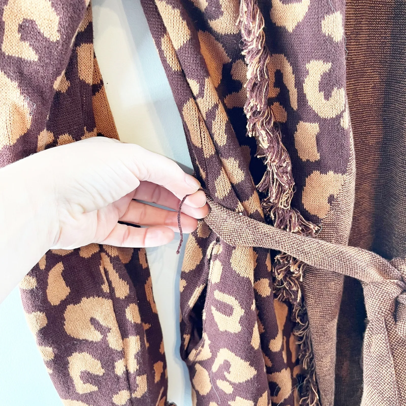 525 Belted Long Sleeve Fringe Trim Cardigan Sweater Leopard Red Brown Small - Image 5