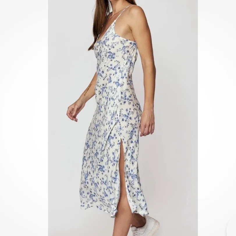 Spiritual Gangster Blue Paisley Floral Print White Midi Slip Dress Size Large - Image 4