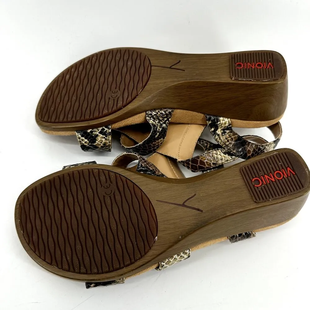 Vionic Glenda Orthaheel Sandals Snakeskin Strappy Wedge Leather Brown Black US 8 - Image 7