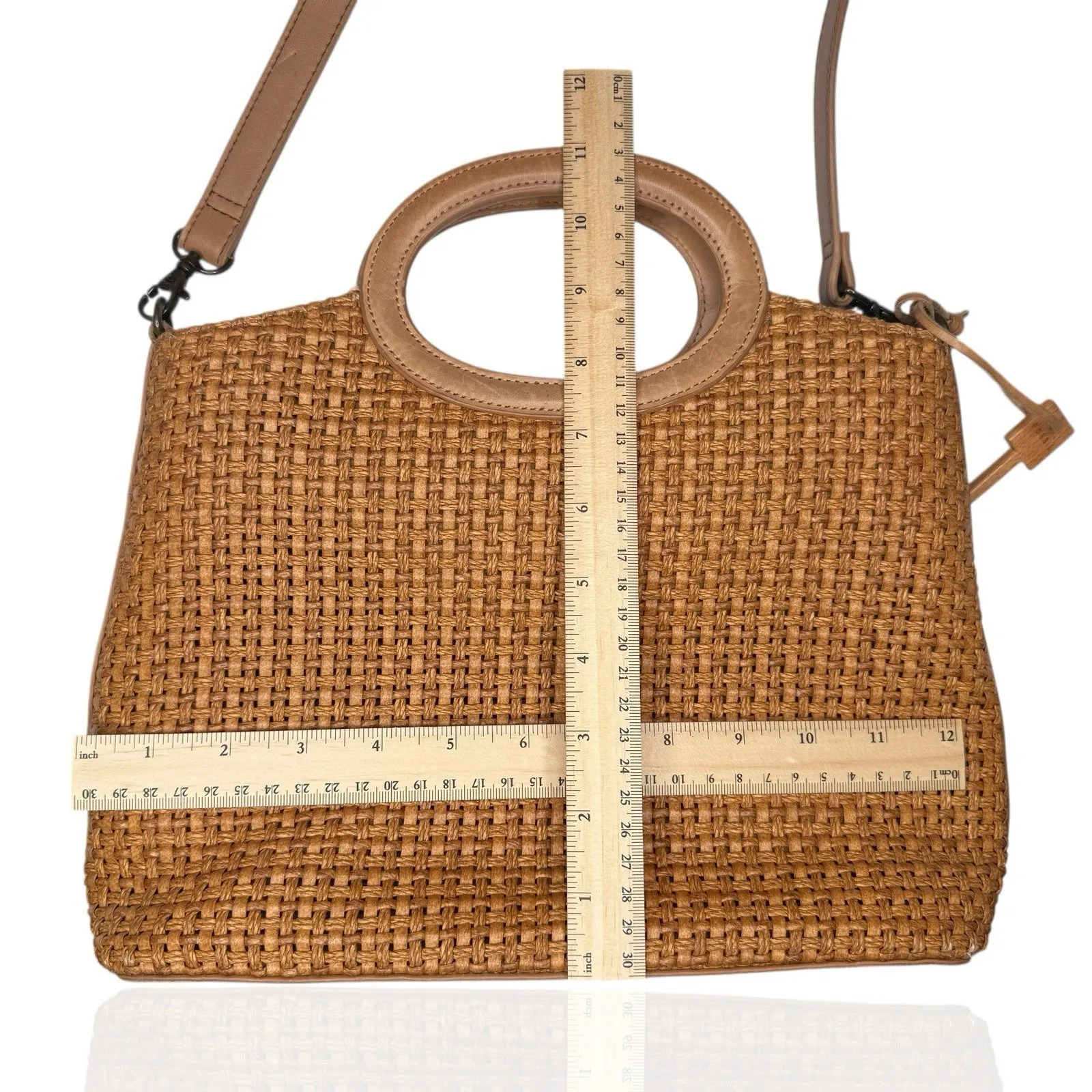 Vintage Fossil Woven Crossbody Hand Bag Wooden Key Leather Trim Medium - Image 11