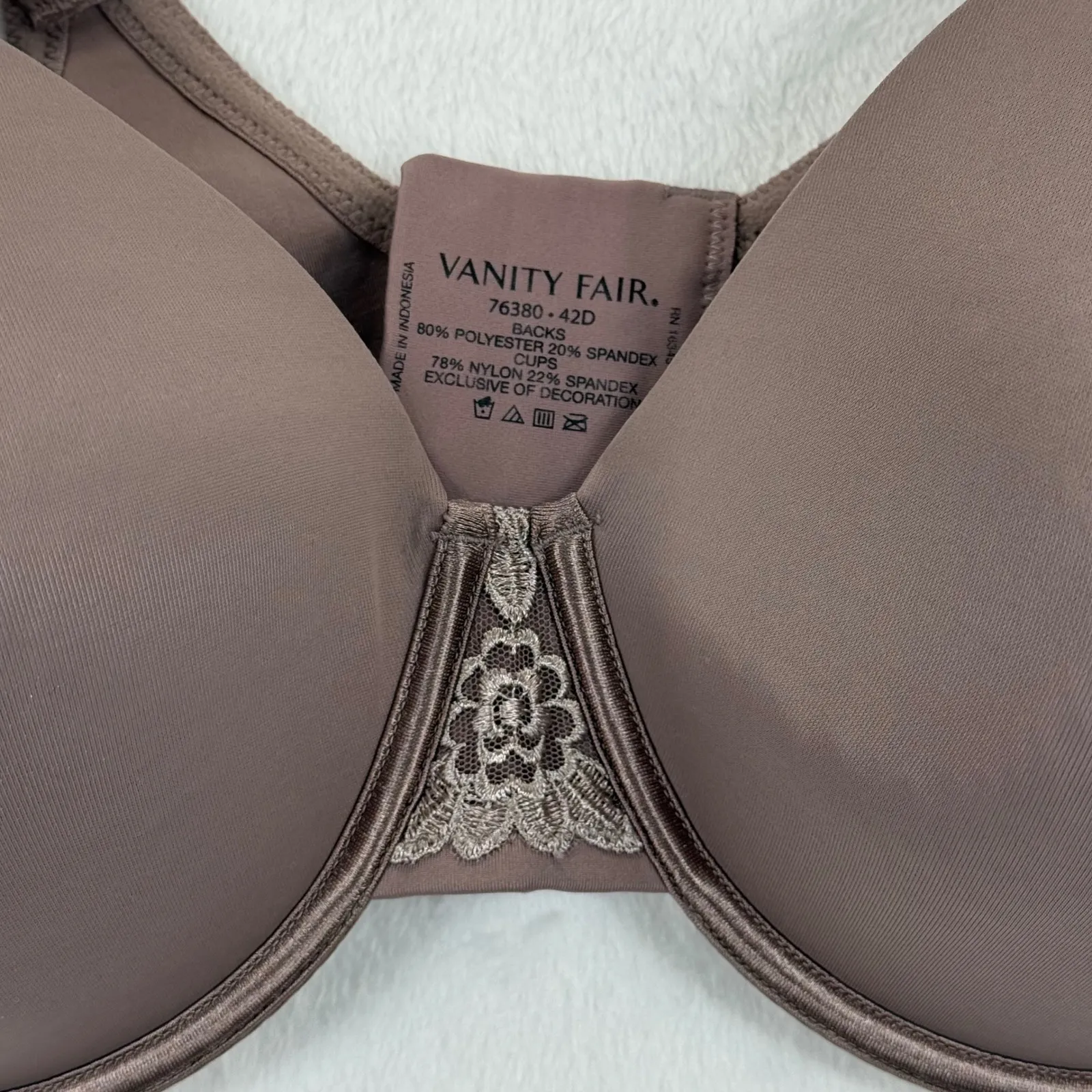Vanity Fair Bra 42D Full Coverage Smoothing T Shirt Underwire Taupe Beige Lace - Image 3