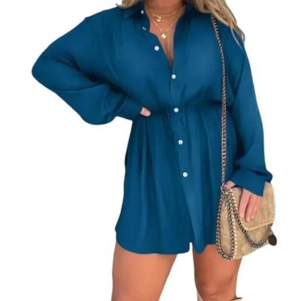 Blue Button Down Romper Dress with Built - Image 2