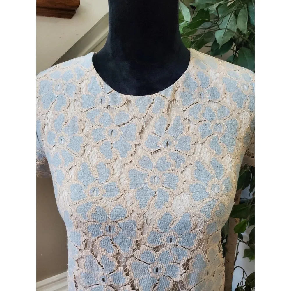 Dee Elle Blue Cream Lace Floral Short Sleeve Knee Length Shift Dress Size Small - Image 5
