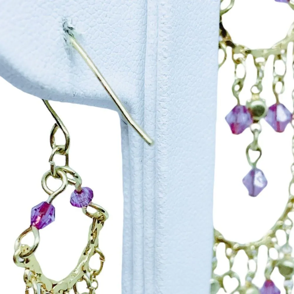 Gold Pink Beaded Rhinestone Chandelier 4” Drop Hook Earrings - Image 3