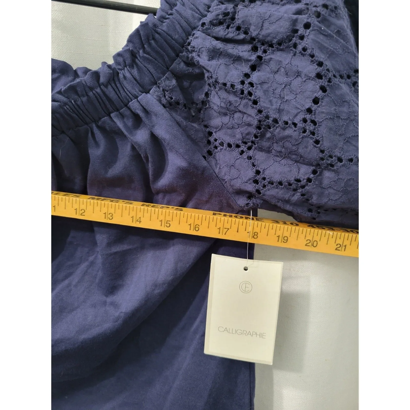 Calligraphy Blouse Women's Eyelet Lace Ballon Sleeve Size M Blue Size M - Image 8