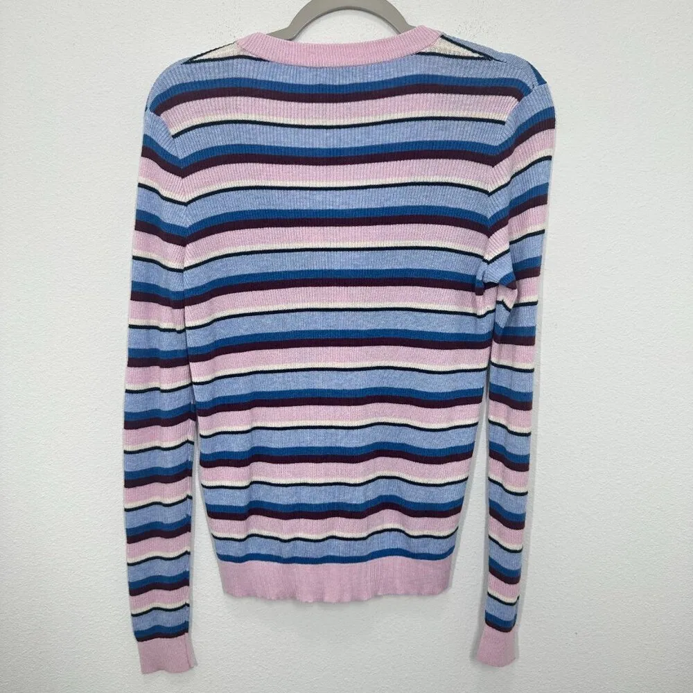KULE Blue Pink Striped Ribbed Cardigan‎ Casual Classic Women's Size Small - Image 3