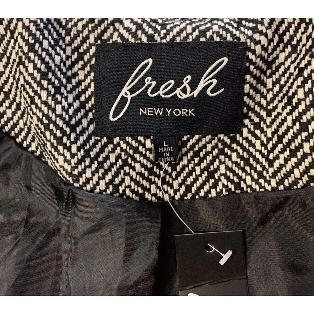 NEW Womens Black White Herringbone Belted Wrap Faux Wool Coat Shawl Collar L Size L - Image 8