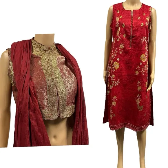 3 Piece Set Red Gold Karta Tunic Thigh Slit Matching Vest and Scarf 32 34 US 2 4 - Image 2