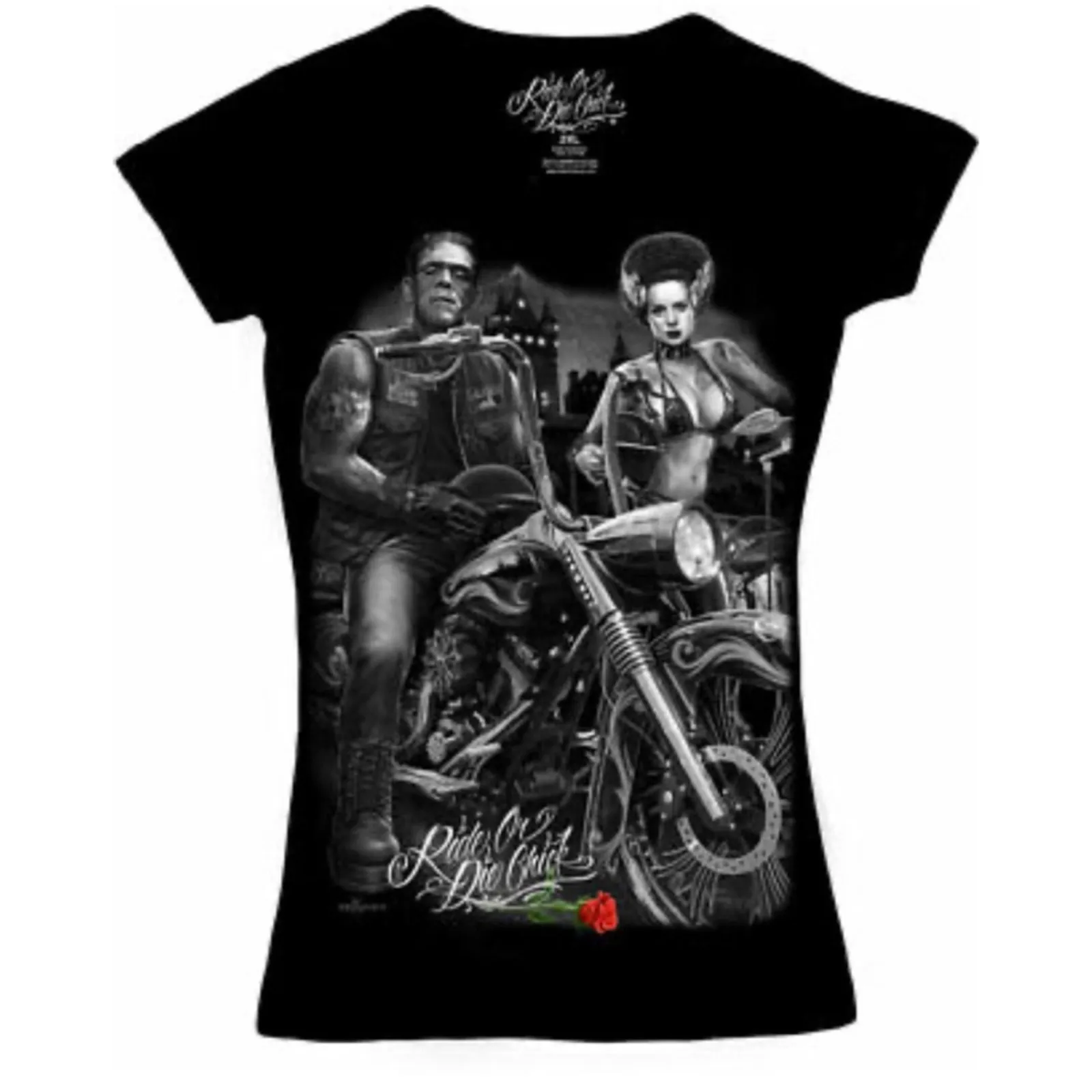 Biker Graphic Tee Frankenstein Bride Gothic Streetwear Black T - Image 2