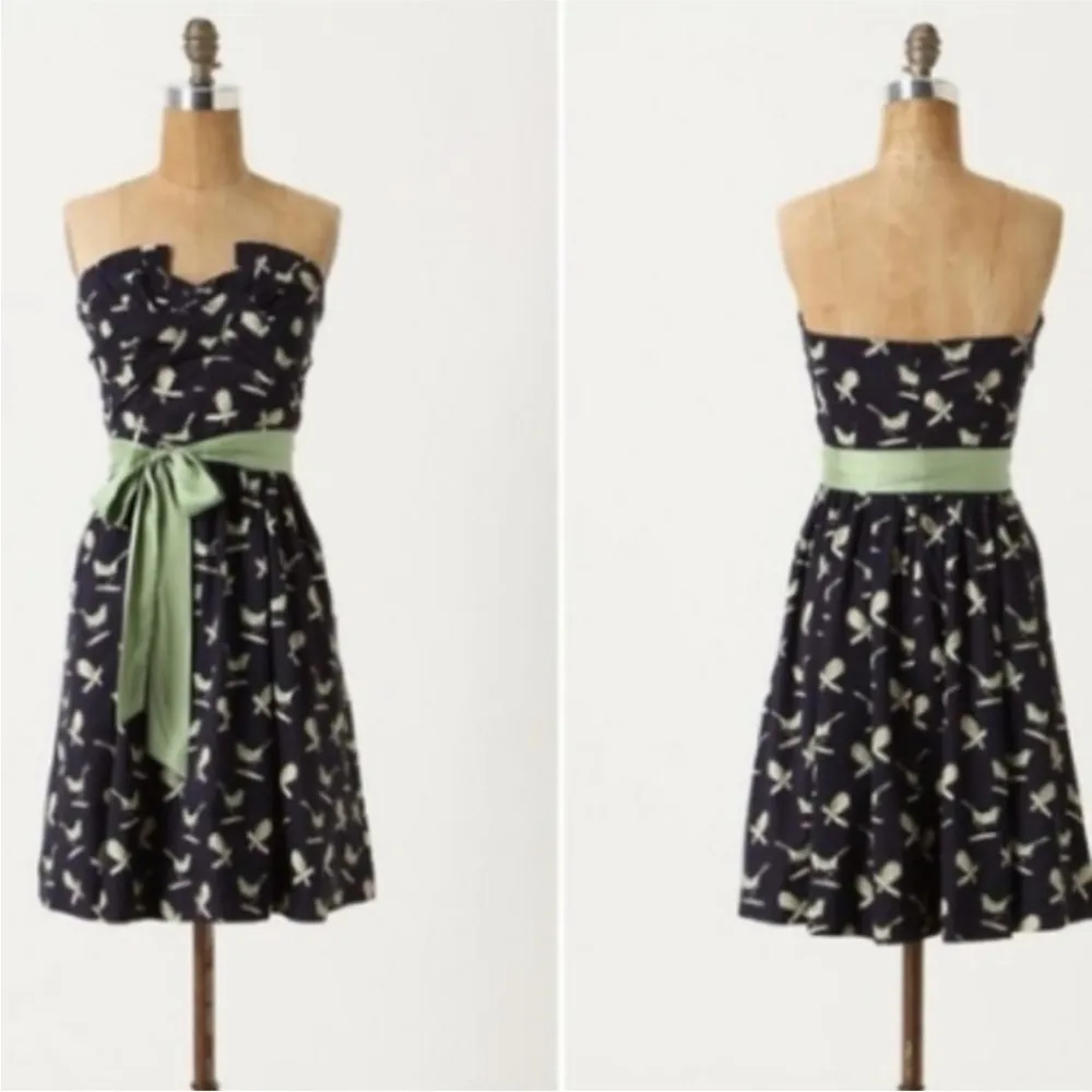 Anthropologie Porridge Sing Sweetly navy and mint strapless birds dress 4 Blue - Image 2
