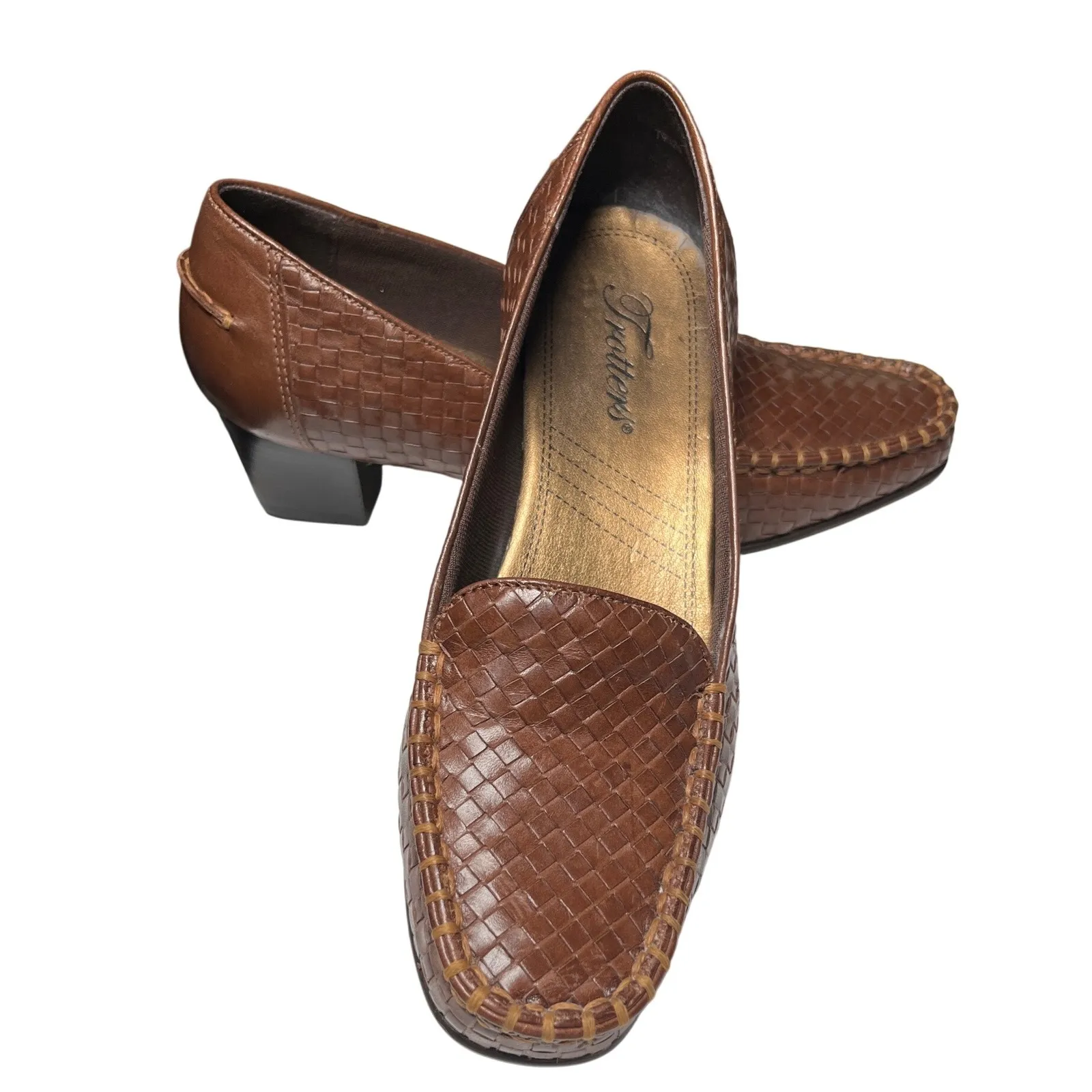 Vintage 80s 90s Trotters Women's 6M Brown Woven Leather Heels Made‎ in USA Size 6 - Image 9