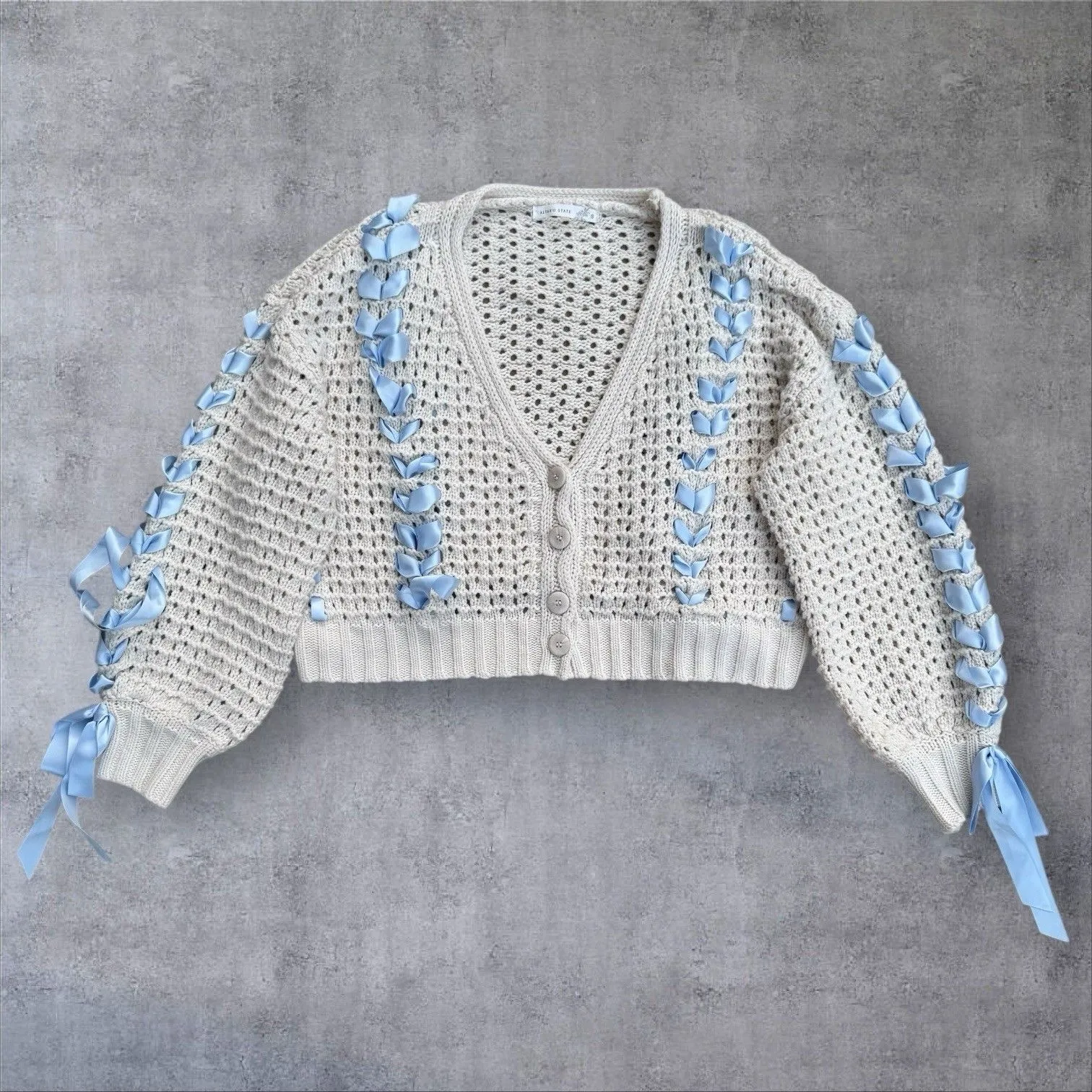 Altar'd State Ribbon Bow Cardigan Chunky Sweater Size S Oversized Fairy Coquette - Image 2