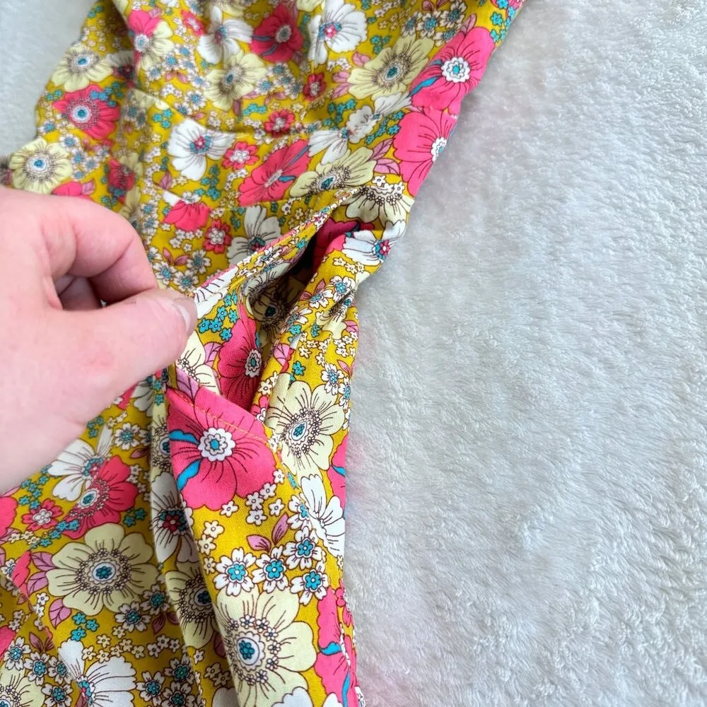 Lily Rose Romper Womens XS Yellow Floral Short Sleeve Cross Back Pockets Cottage - Image 14