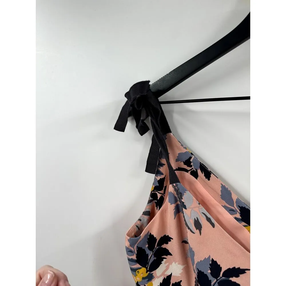 CINQ a SEPT Peach Pink Floral Print AINSLEY Tie Shoulder Fluted Silk Dress 4 - Image 6