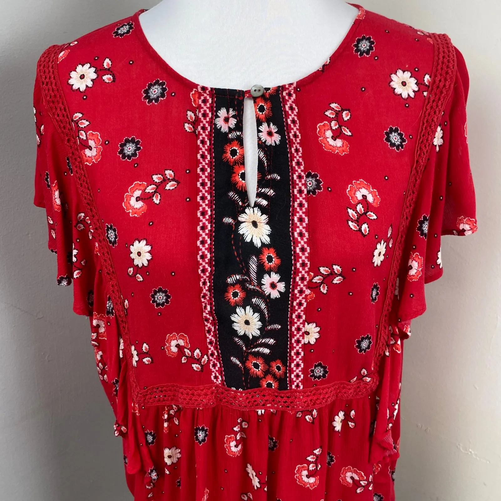 J Jill Cherry Red Floral Ruffle Short Sleeve Boho Blouse Top - Image 5