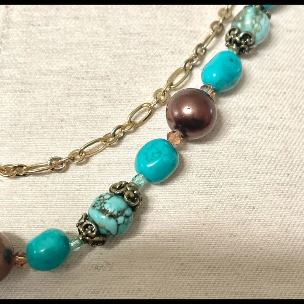 Turquoise gold tone beaded necklace - Image 5