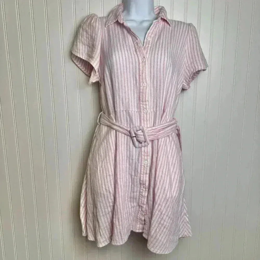 Alexis for Target pink stripe linen blend belted dress short sleeve small L25 - Image 5