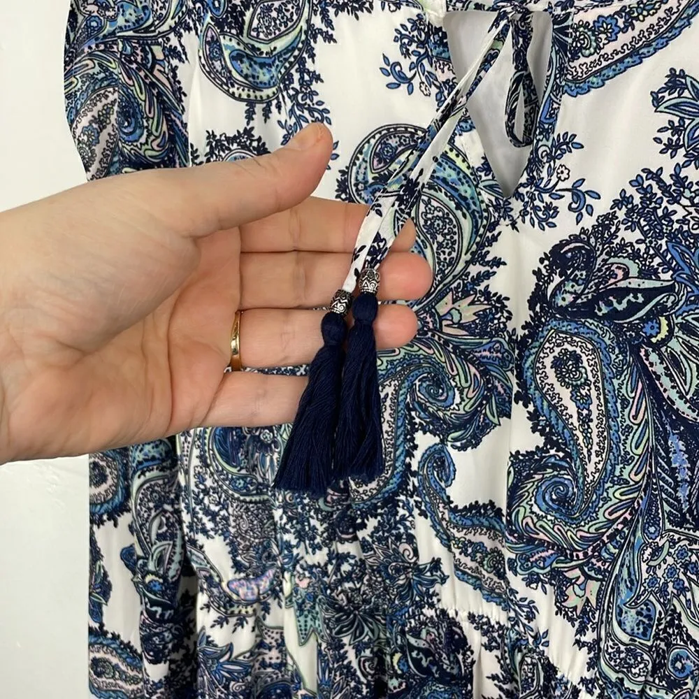 DR2 Shift Dress Paisley Print front tussles split sleeves size Medium Blue - Image 5