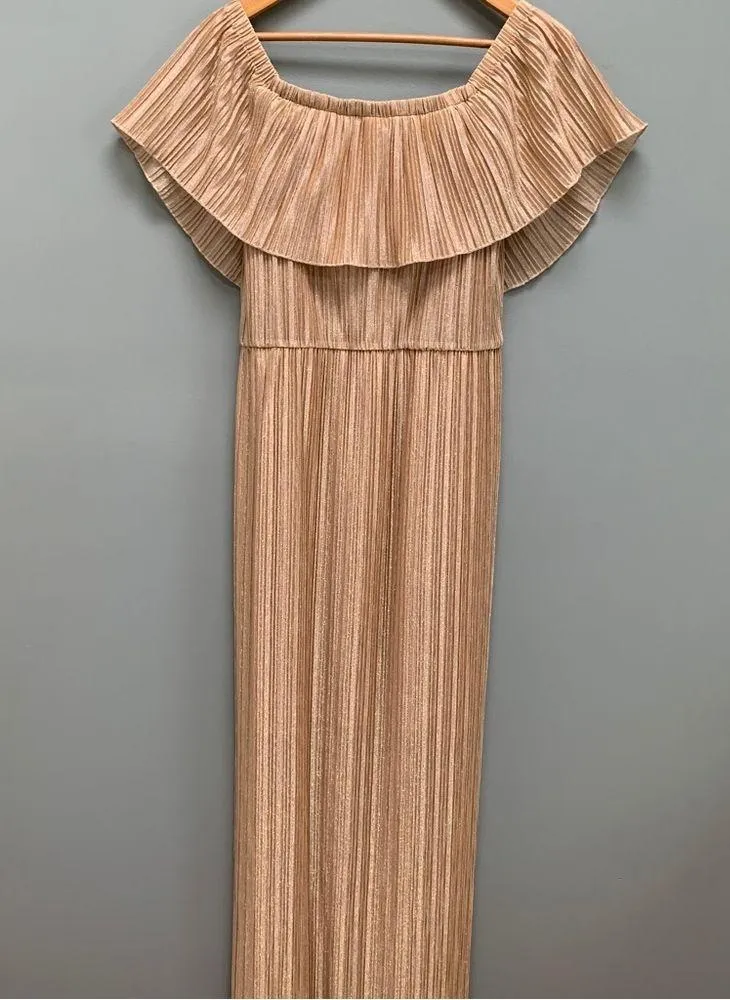 Dress The Population Athena Pleated Maxi Dress in Gold size Large - Image 4