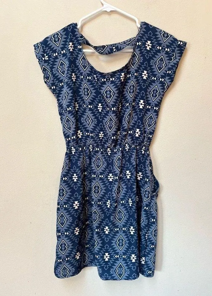Pink Rose Women’s Blue Aztec Bohemian Print Pocket Short Sleeve Mini Dress Small - Image 2