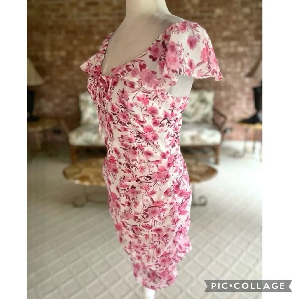 Mari Bella Oh Polly Dress Ruched Floral Off the Shoulder Ruched Bodycon Mini S Pink - Image 7