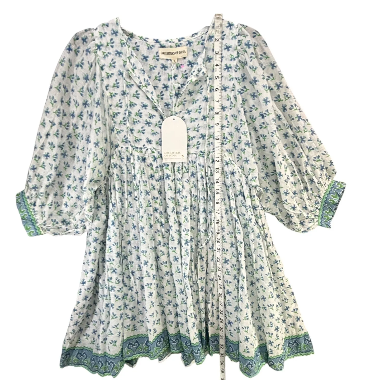 Daughters of India Kyra Mini Dress Size S Puff Sleeve Cotton Azure Floral Print Blue - Image 8