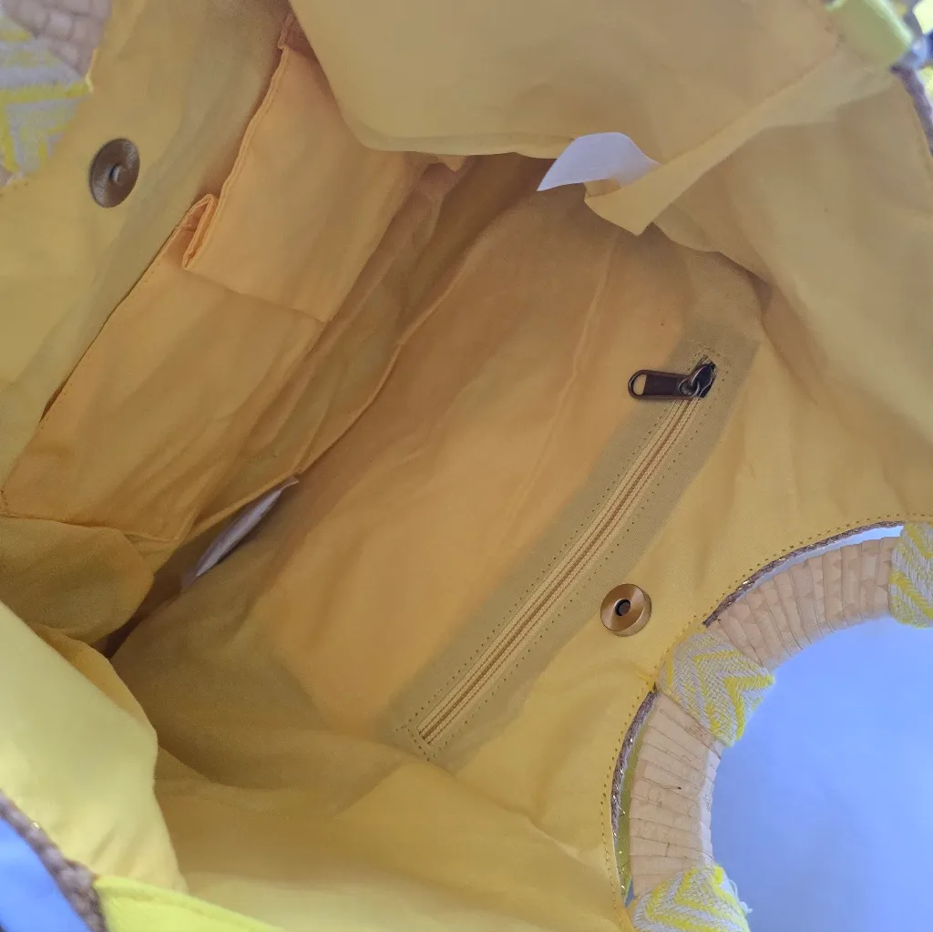 America & Beyond Beaded Lemon Yellow Chevron Fabric Circular Handle Tote Bag - Image 13