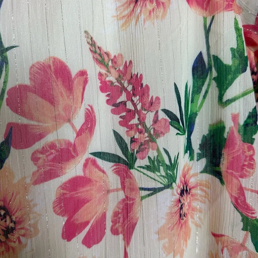 Romantic Floral Peplum Flowy Blouse 3/4 Sleeves Medium Pink Green Feminine Top - Image 8