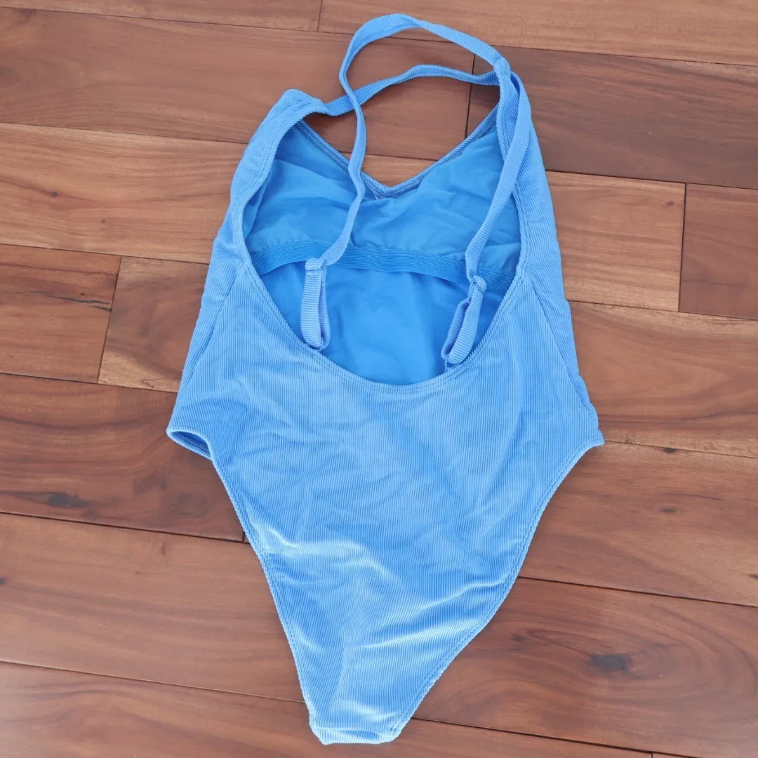 ASOS DESIGN Blue Corduroy V Neck High Cut One Piece Swimsuit Bathing Suit Size undefined - Image 4