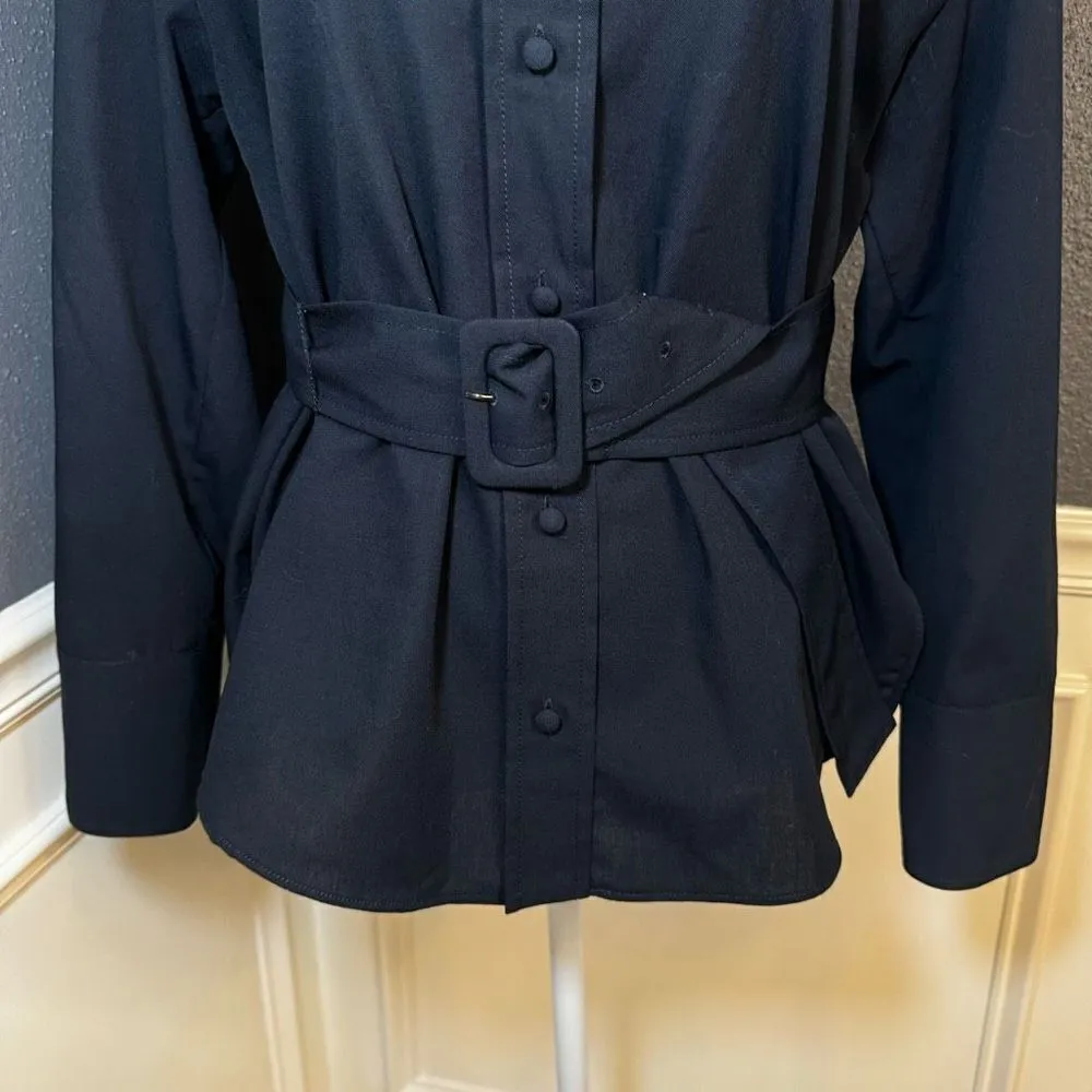 Zara Navy Blue Buckle Belt Button Down Shirt Blouse - Image 8
