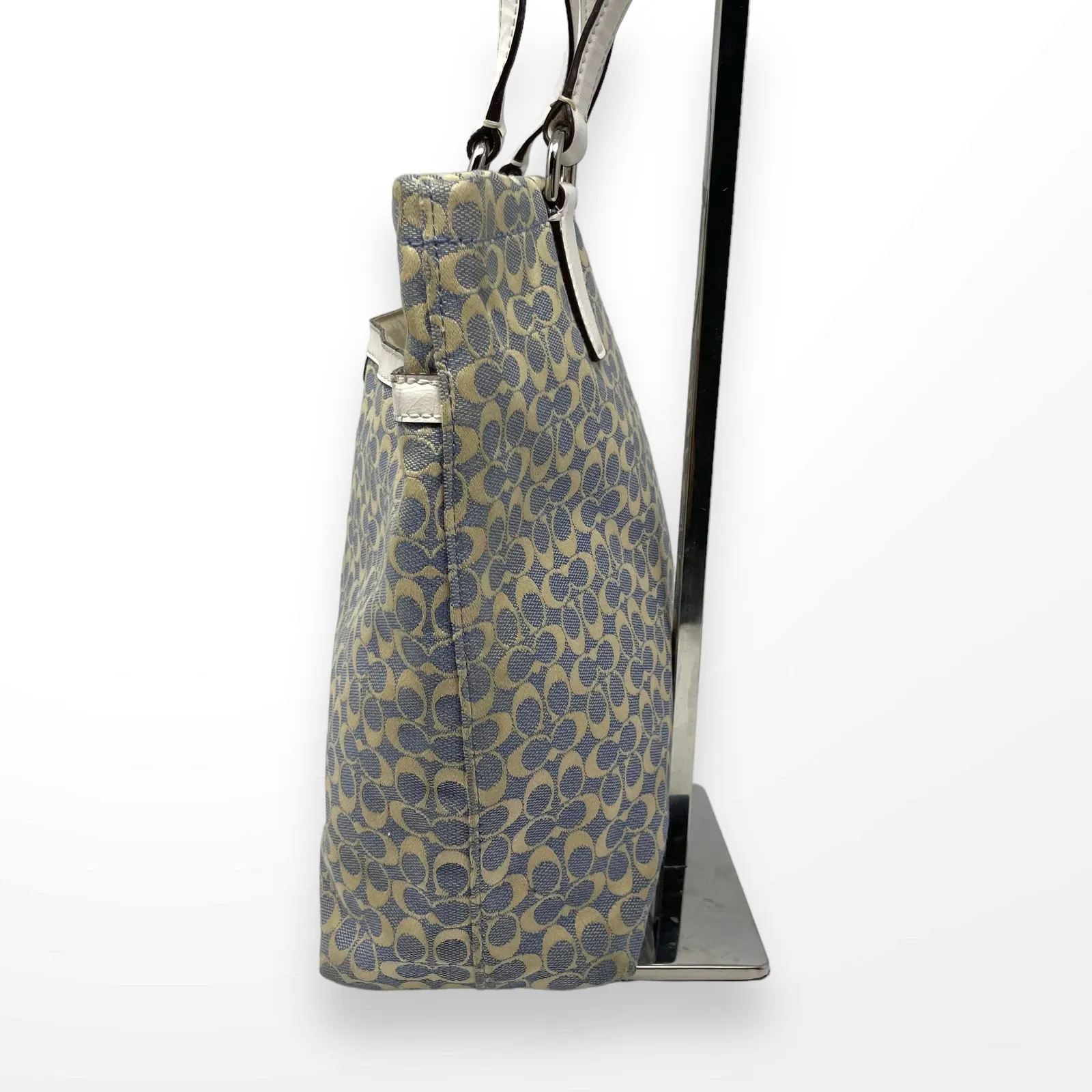 COACH Blue White Leather Monogram Signature Stripe Tote - Image 4