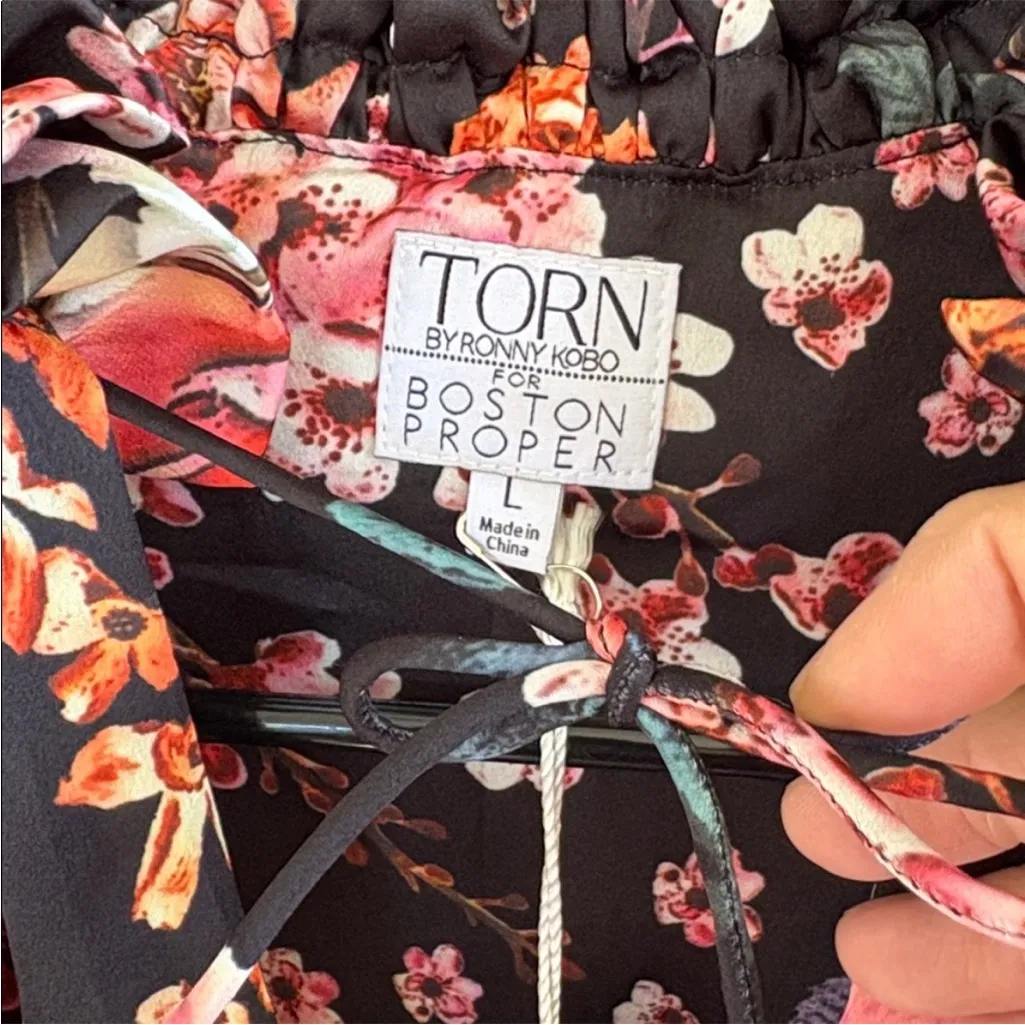 NWT Boston Proper X Ronny Kobo Black Floral Ruffle Puff Sleeve Dress Size Large - Image 3