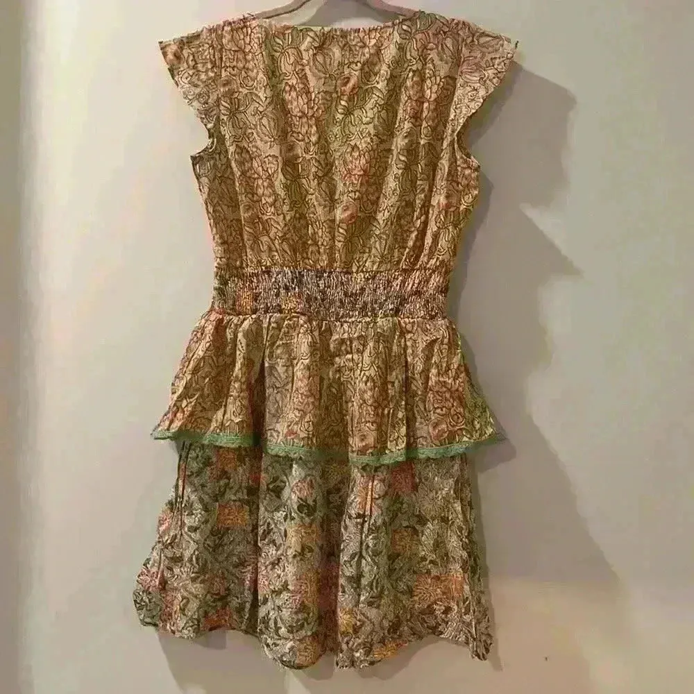 NWT Barok Paris Floral Midi Lace Metallic Ruffle Dress Boho Peach Size Small Pink - Image 9