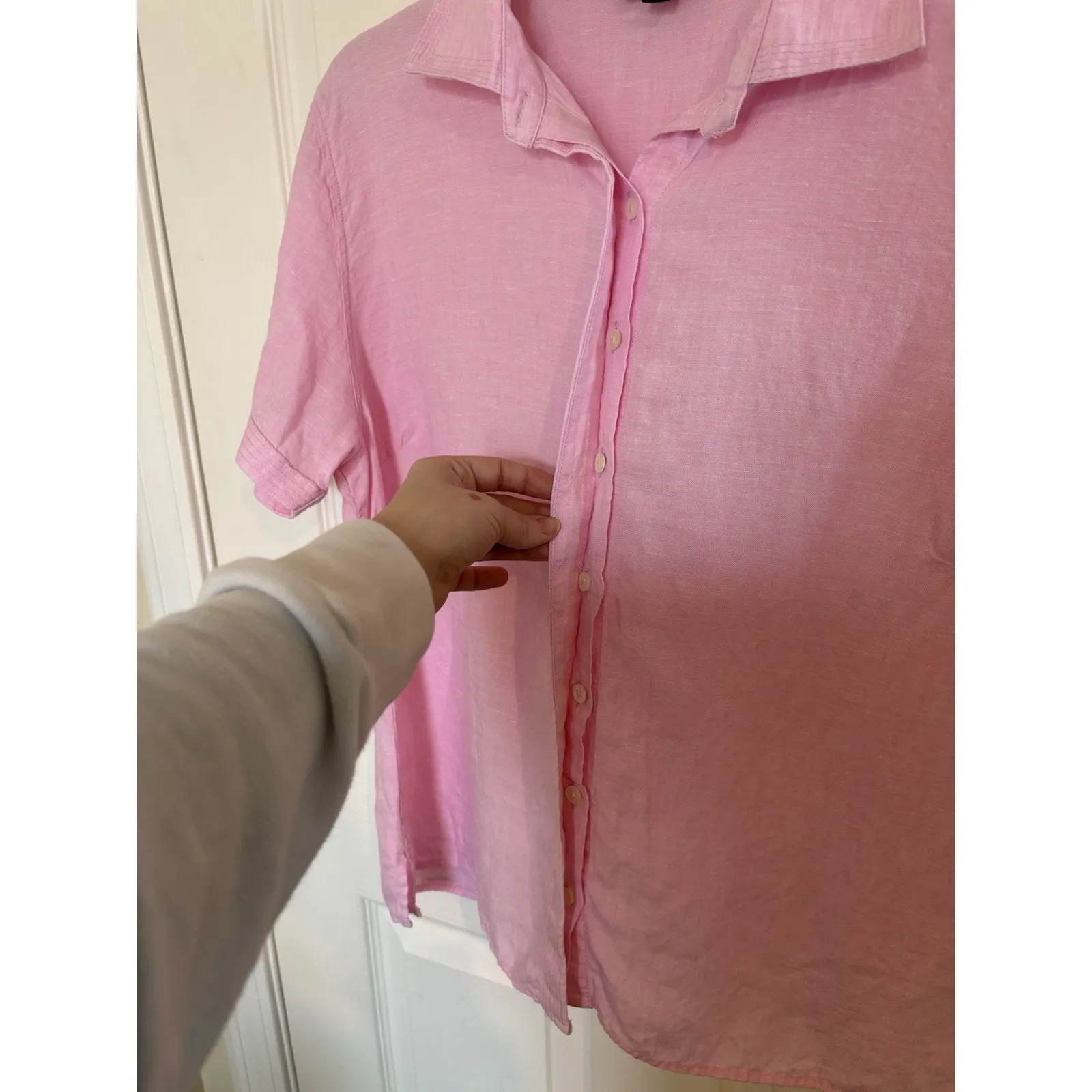 Lands End 100% Linen Pink Button Up Short Sleeve Size Large Coastal Resort Wear - Image 5