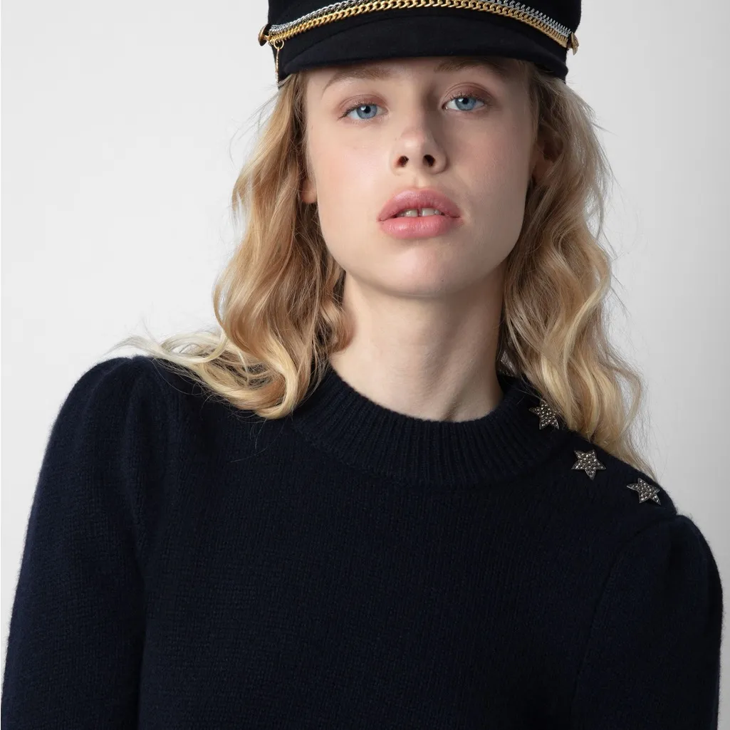 Zadig & Voltaire black chain mixed metal charm newsboy cap baker boy hat wool - Image 11